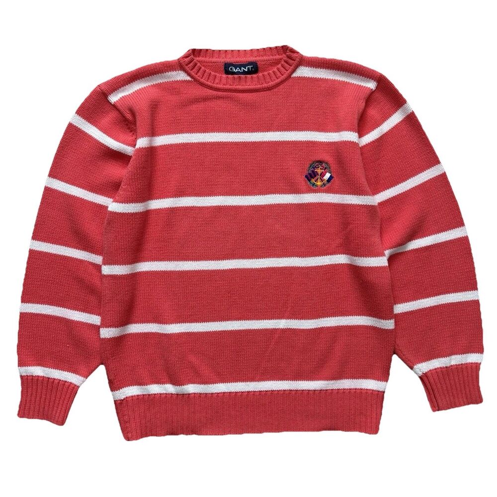 Vintage 80s GANT Striped Knit Sweater Mens L Red White Nautical Crest Preppy